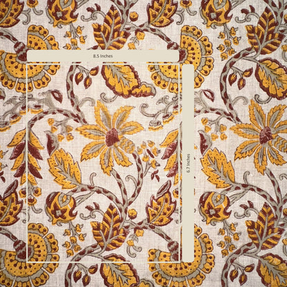Floral patterned fabric with measurements on a white background