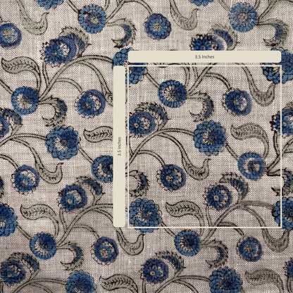 Patterned fabric with a blue floral design on a grey background