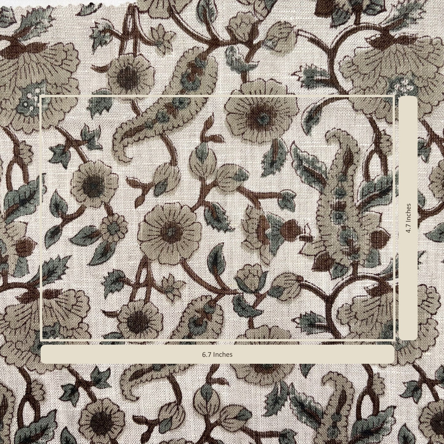 Floral and leaf pattern on fabric with measurement label