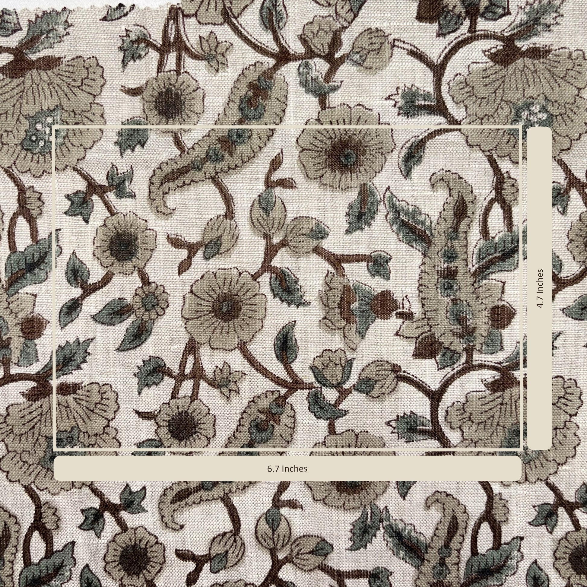 Floral and leaf pattern on fabric with measurement label