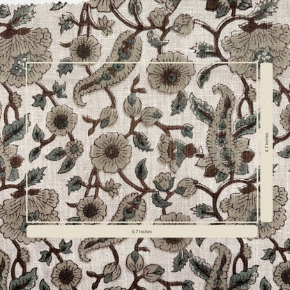 Floral and leaf pattern on fabric with measurement label