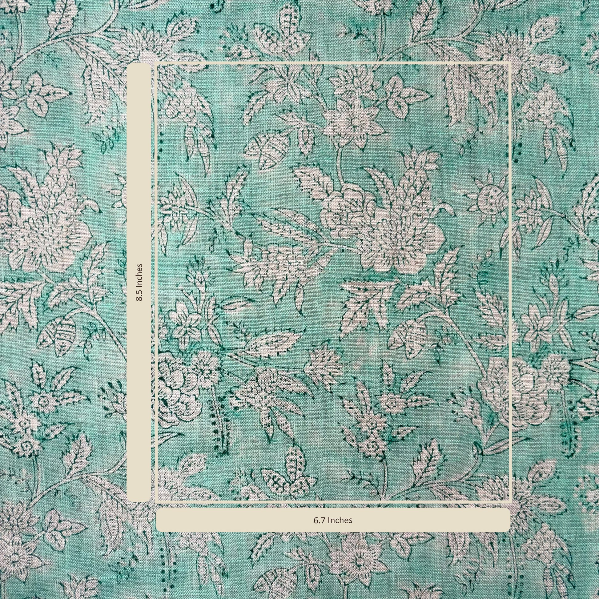 Floral patterned fabric with measurements on a teal background