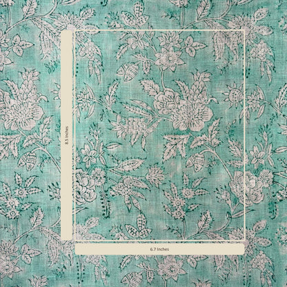 Floral patterned fabric with measurements on a teal background