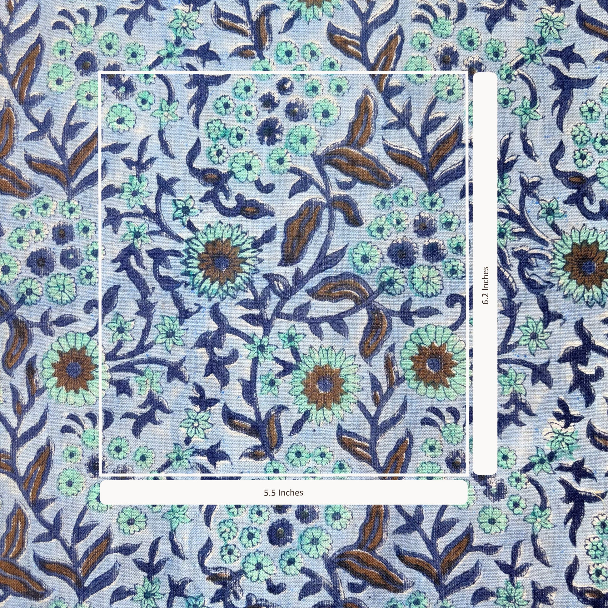 Floral patterned product with dimensions on a blue background