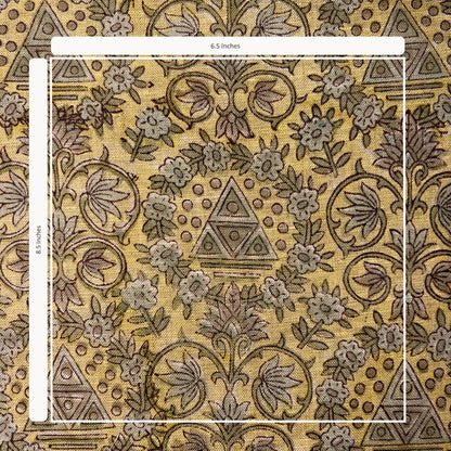Decorative fabric with floral and geometric patterns on a yellow background