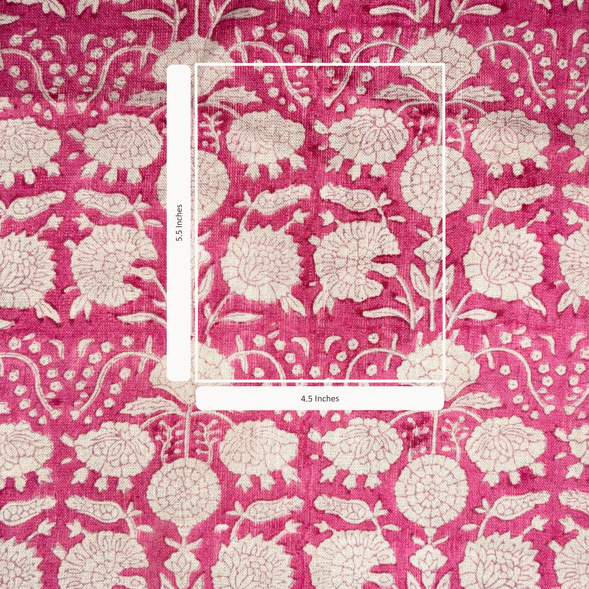 Floral patterned fabric with measurements on a pink background