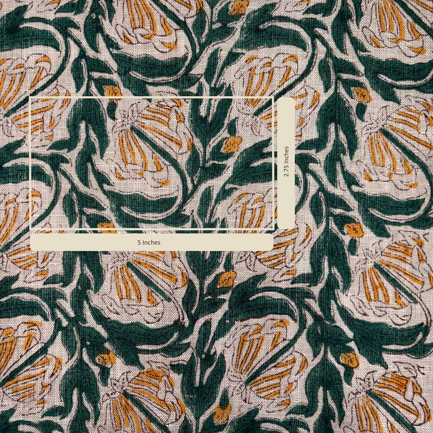 Floral patterned fabric with green, orange, and white colors.