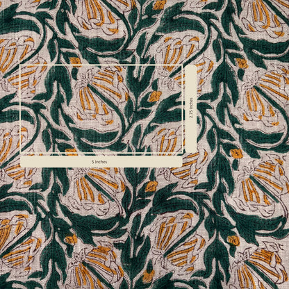 Floral patterned fabric with green, orange, and white colors.