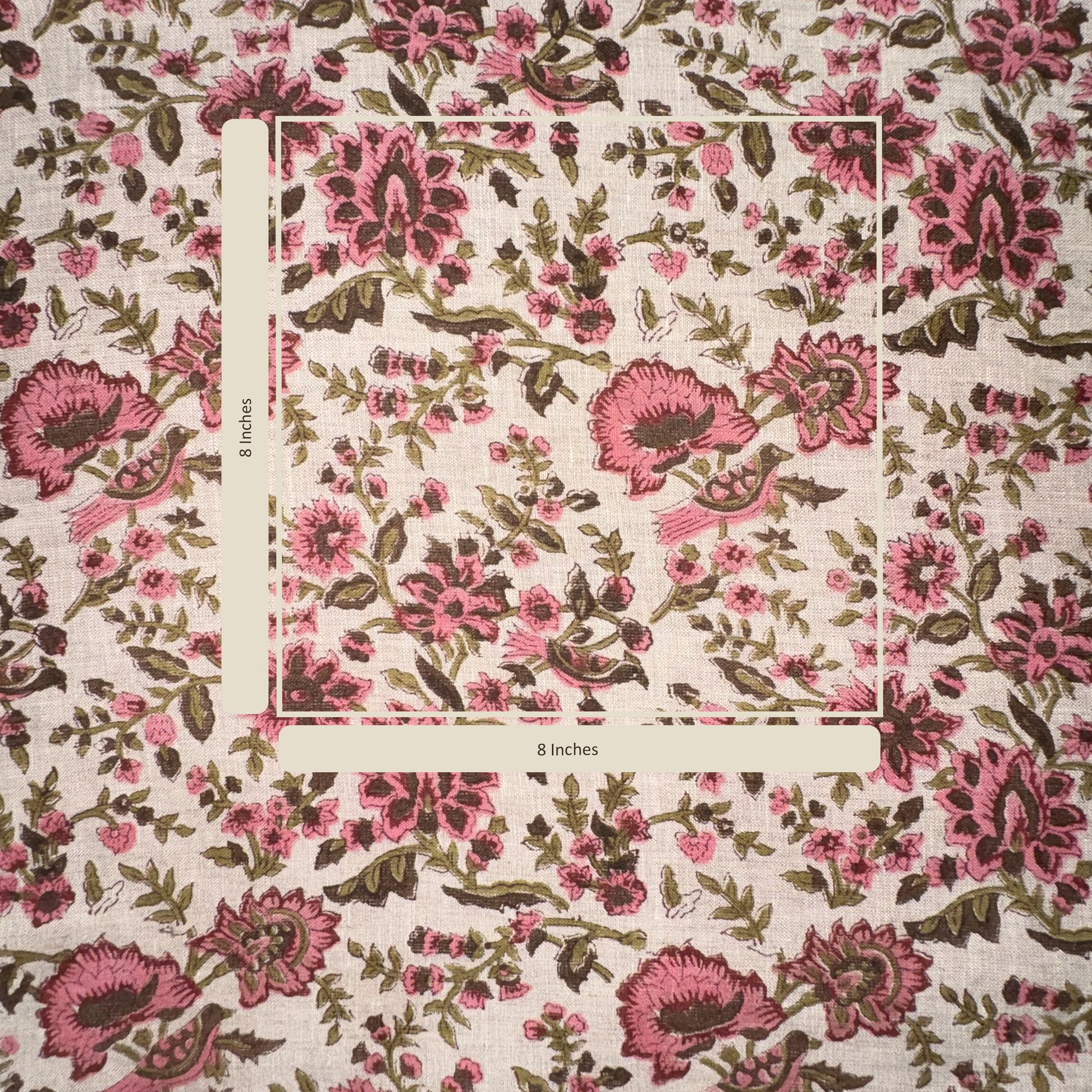 Floral patterned fabric with a square inset showing a 6-inch by 8-inch measurement.