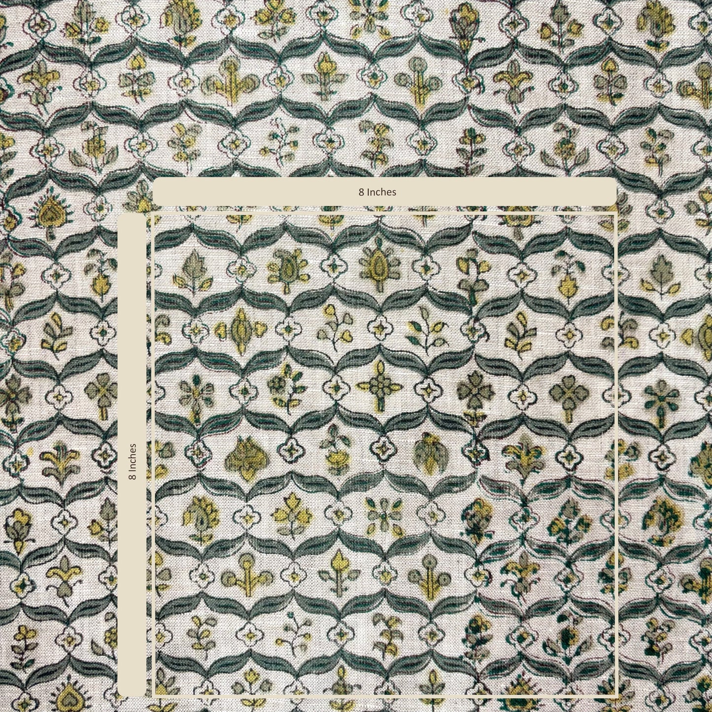 Patterned fabric with a grid overlay showing measurements