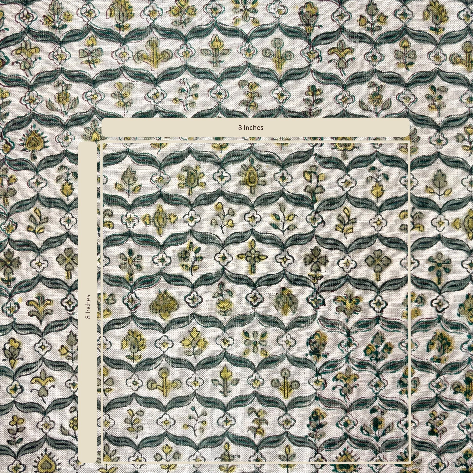 Patterned fabric with a grid overlay showing measurements