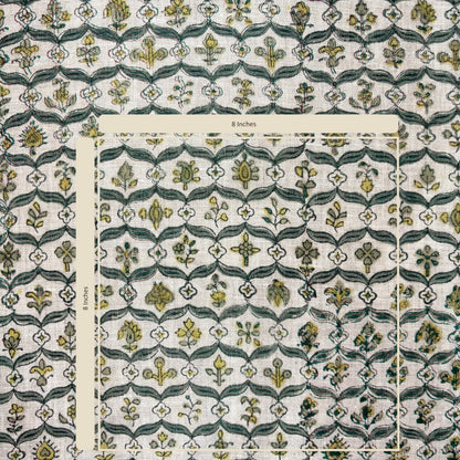 Patterned fabric with a grid overlay showing measurements