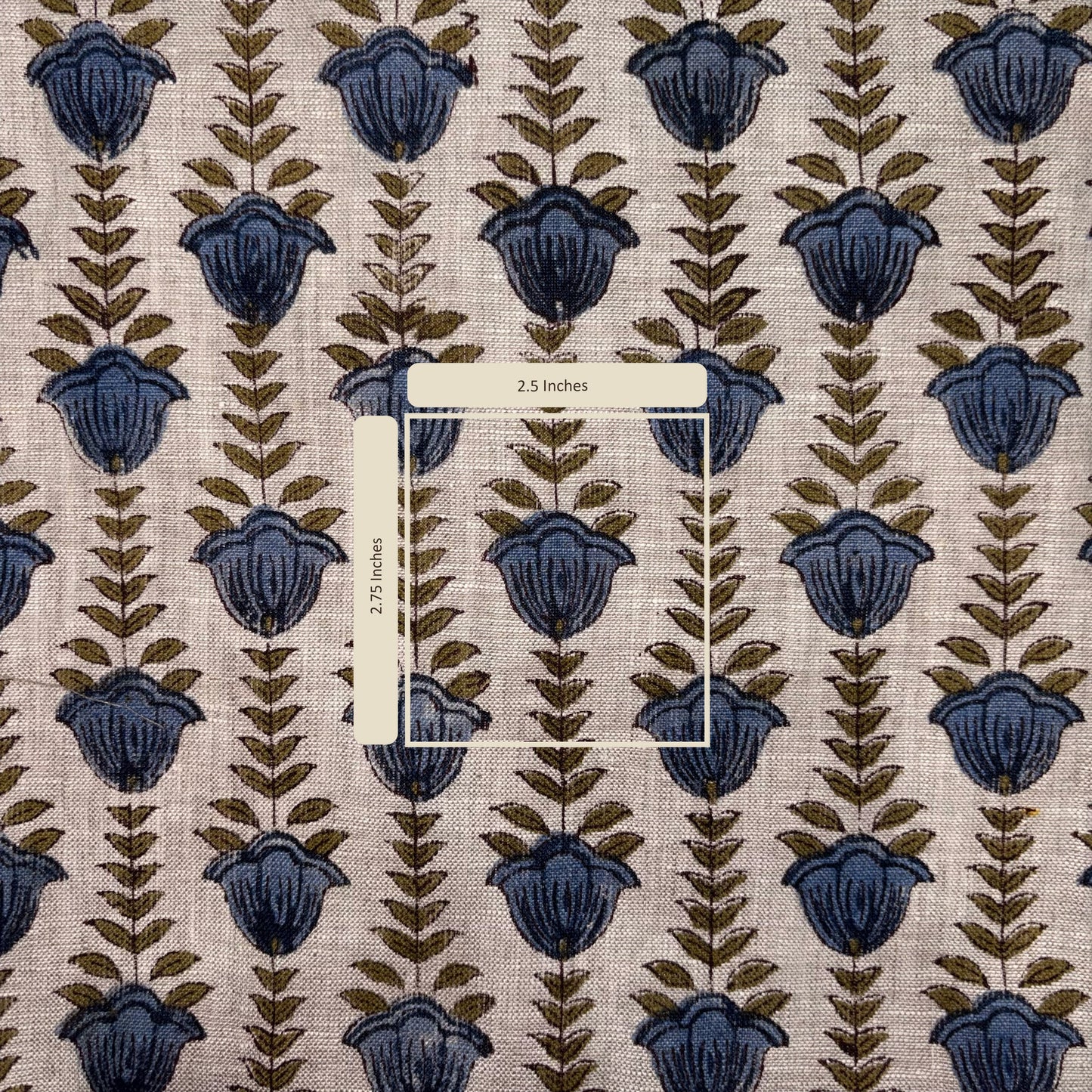 Fabric with blue floral pattern and measurement label