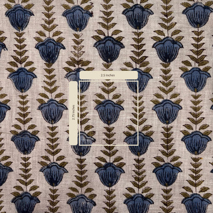 Fabric with blue floral pattern and measurement label