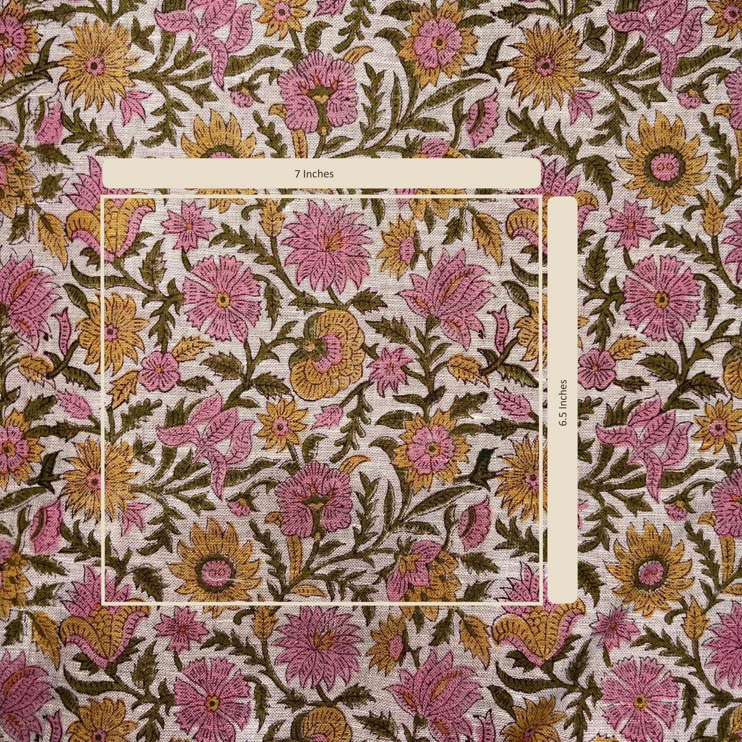 Floral patterned fabric with measurements on a white background