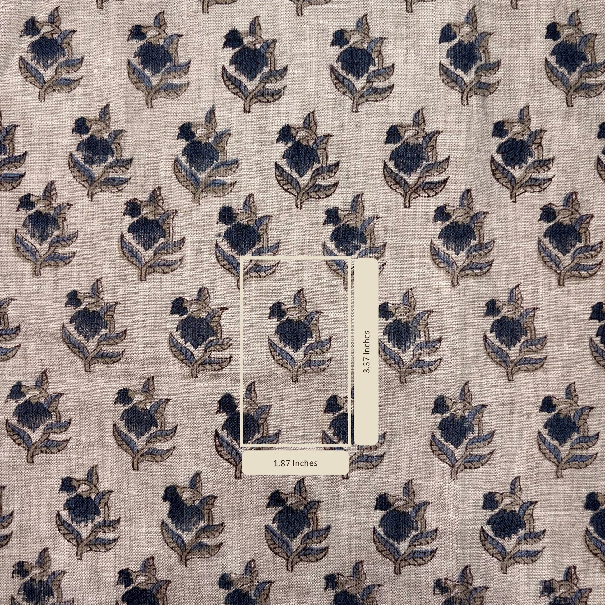 Textile fabric with floral pattern and measurement label