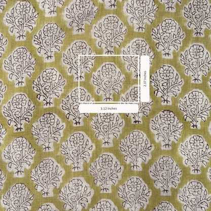 Fabric with a tree pattern and measurement label on a green background