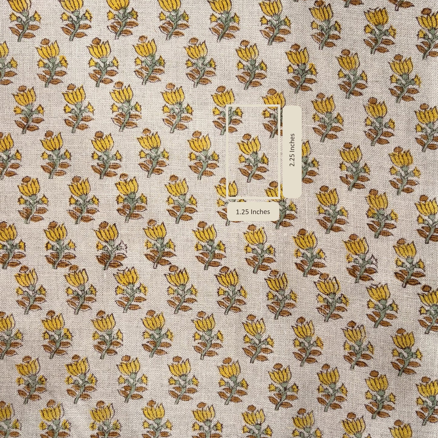 Floral patterned fabric with a label indicating dimensions on a grey background