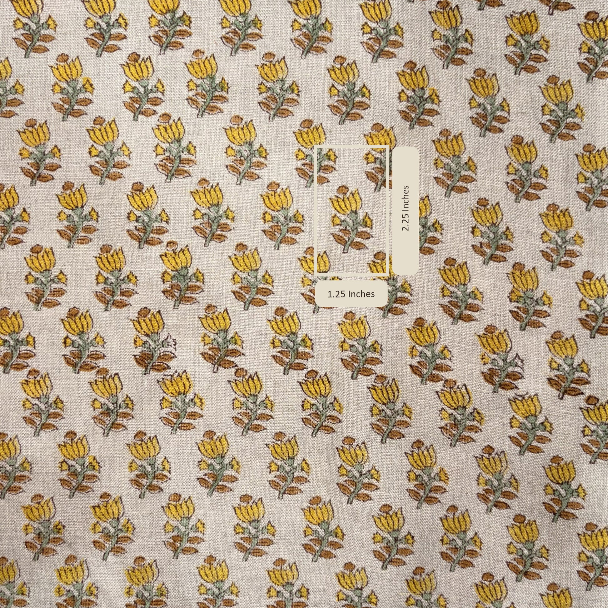 Floral patterned fabric with a label indicating dimensions on a grey background