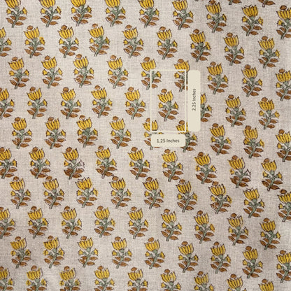 Floral patterned fabric with a label indicating dimensions on a grey background