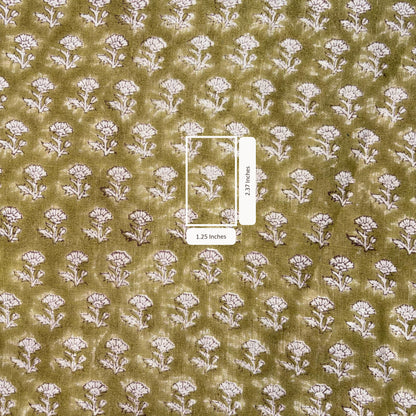 Fabric with white floral pattern on a green background