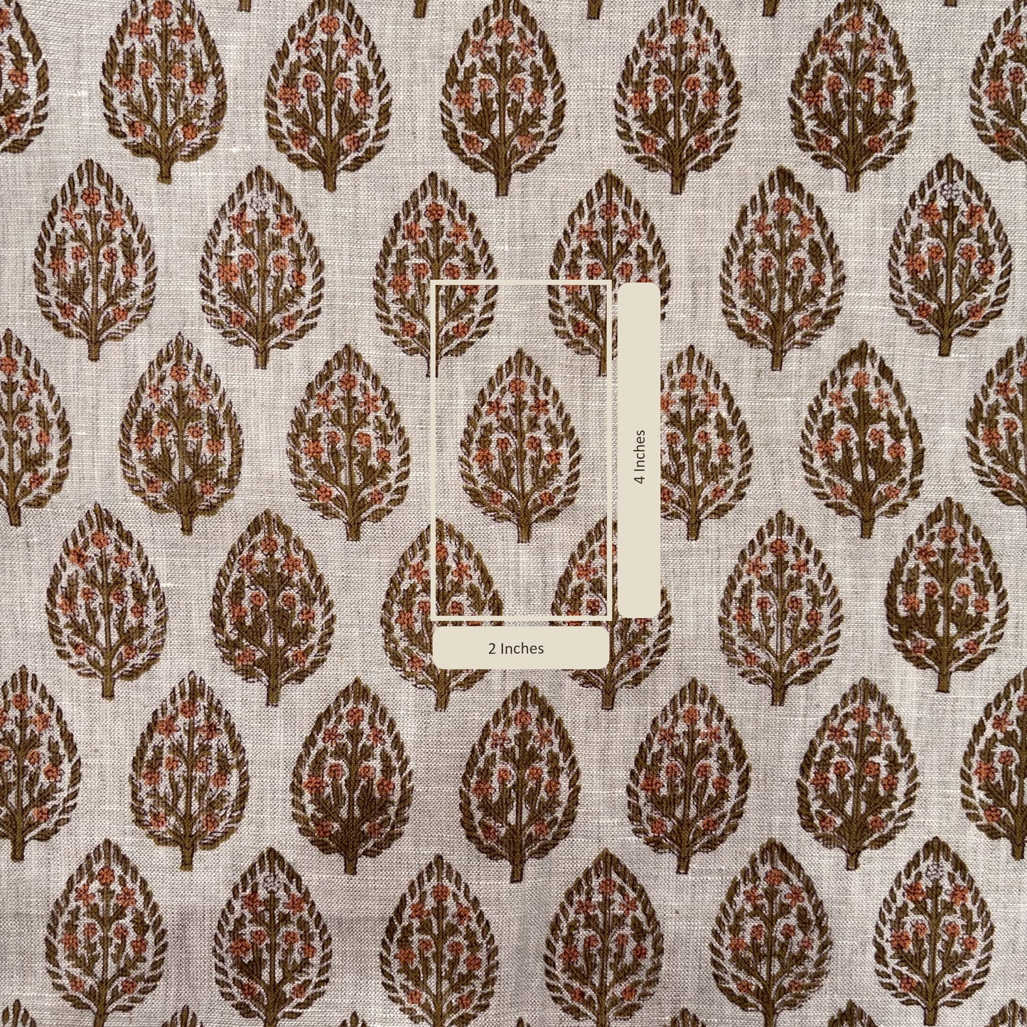 Patterned fabric with tree design and measurement label