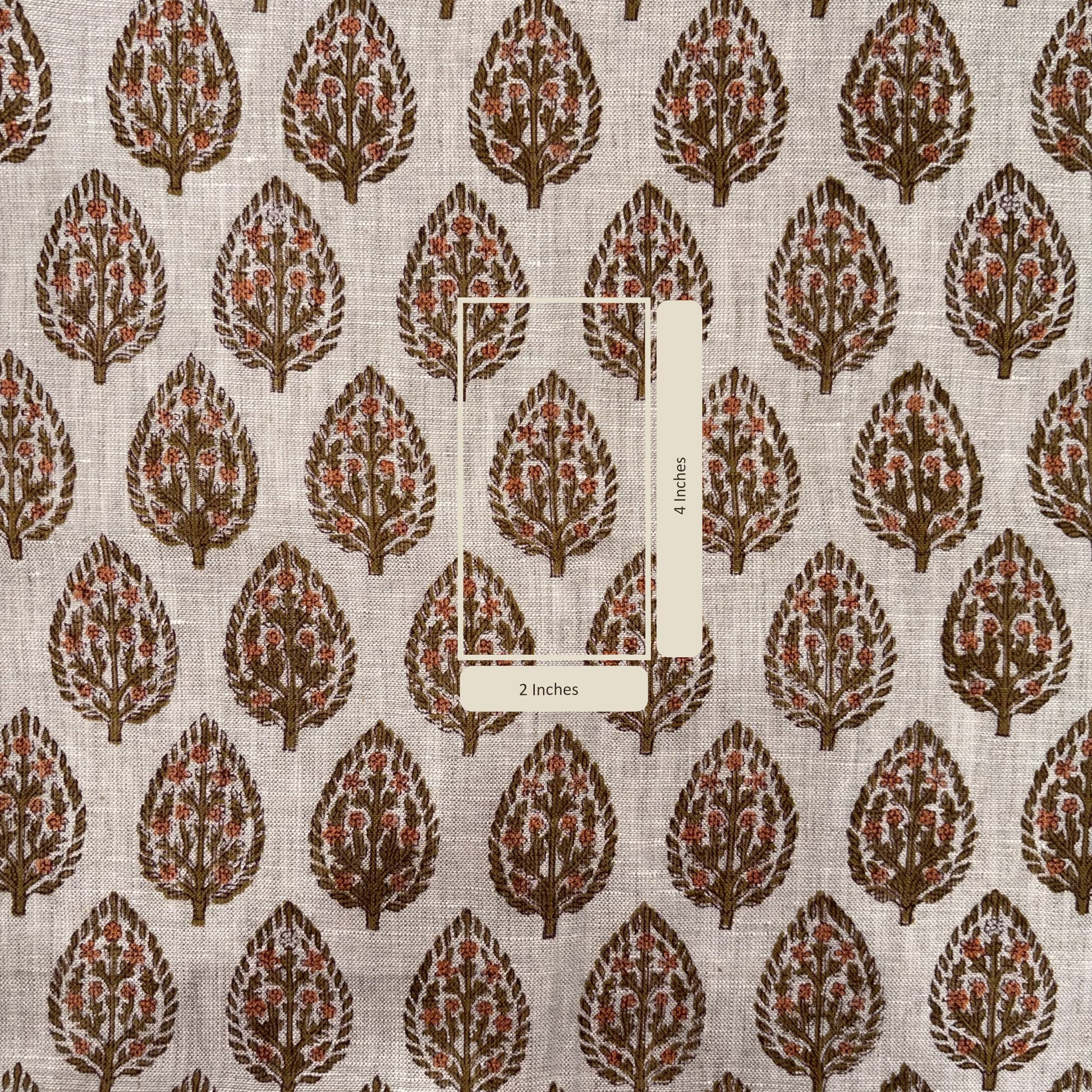Patterned fabric with tree design and measurement label