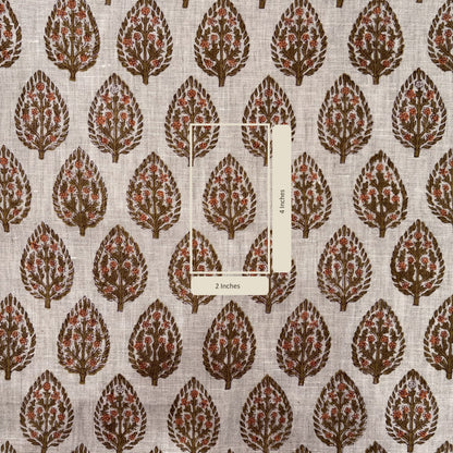 Patterned fabric with tree design and measurement label