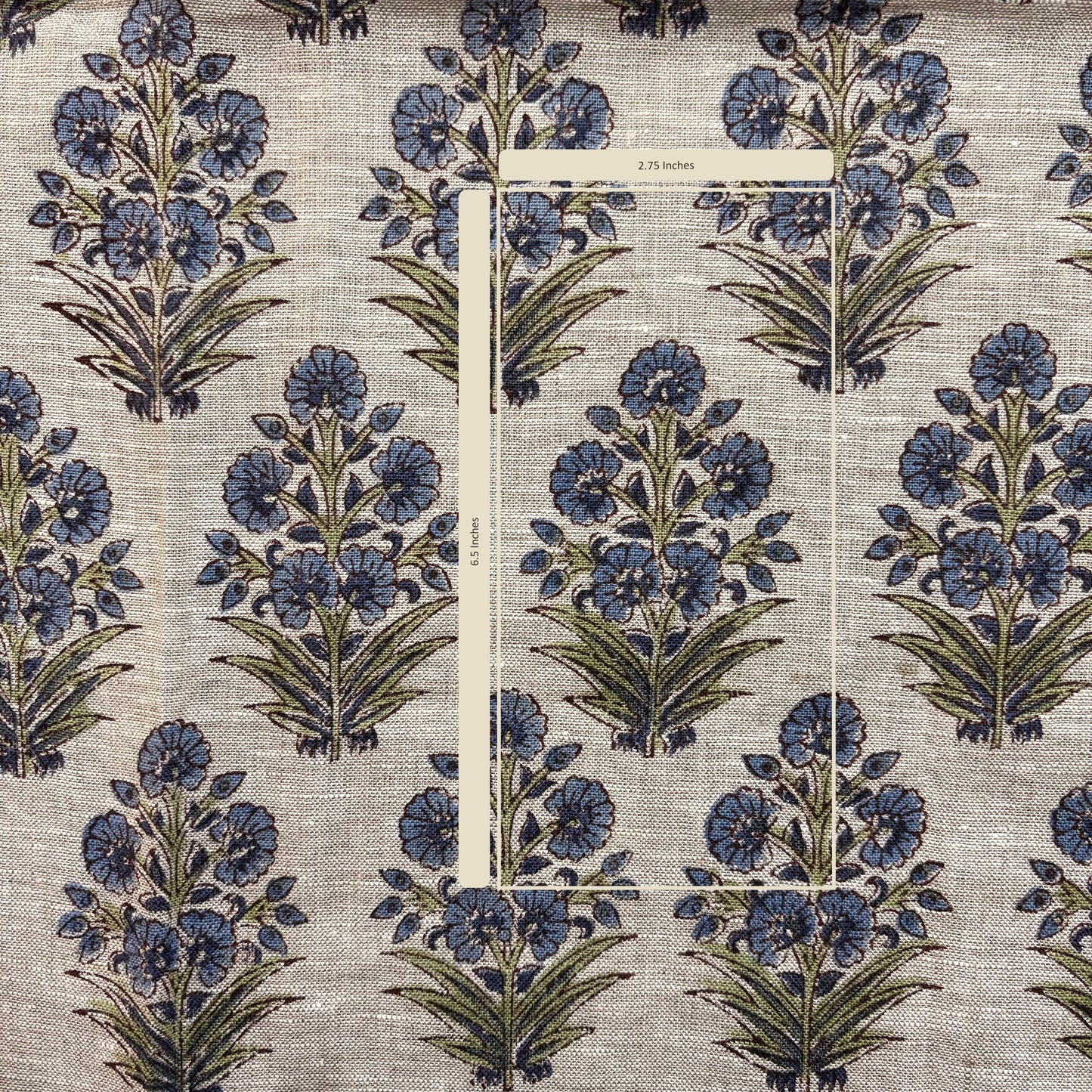 Floral pattern with blue flowers and green leaves on a textured grey background