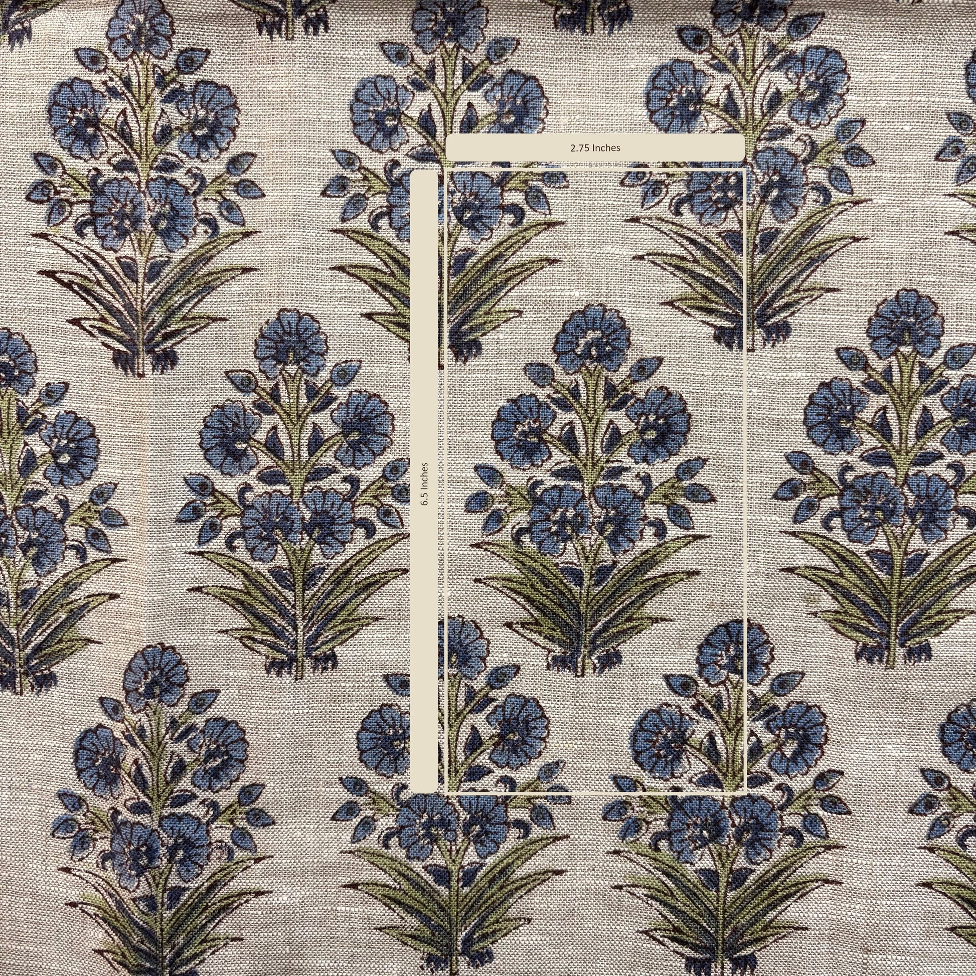 Floral pattern with blue flowers and green leaves on a textured grey background