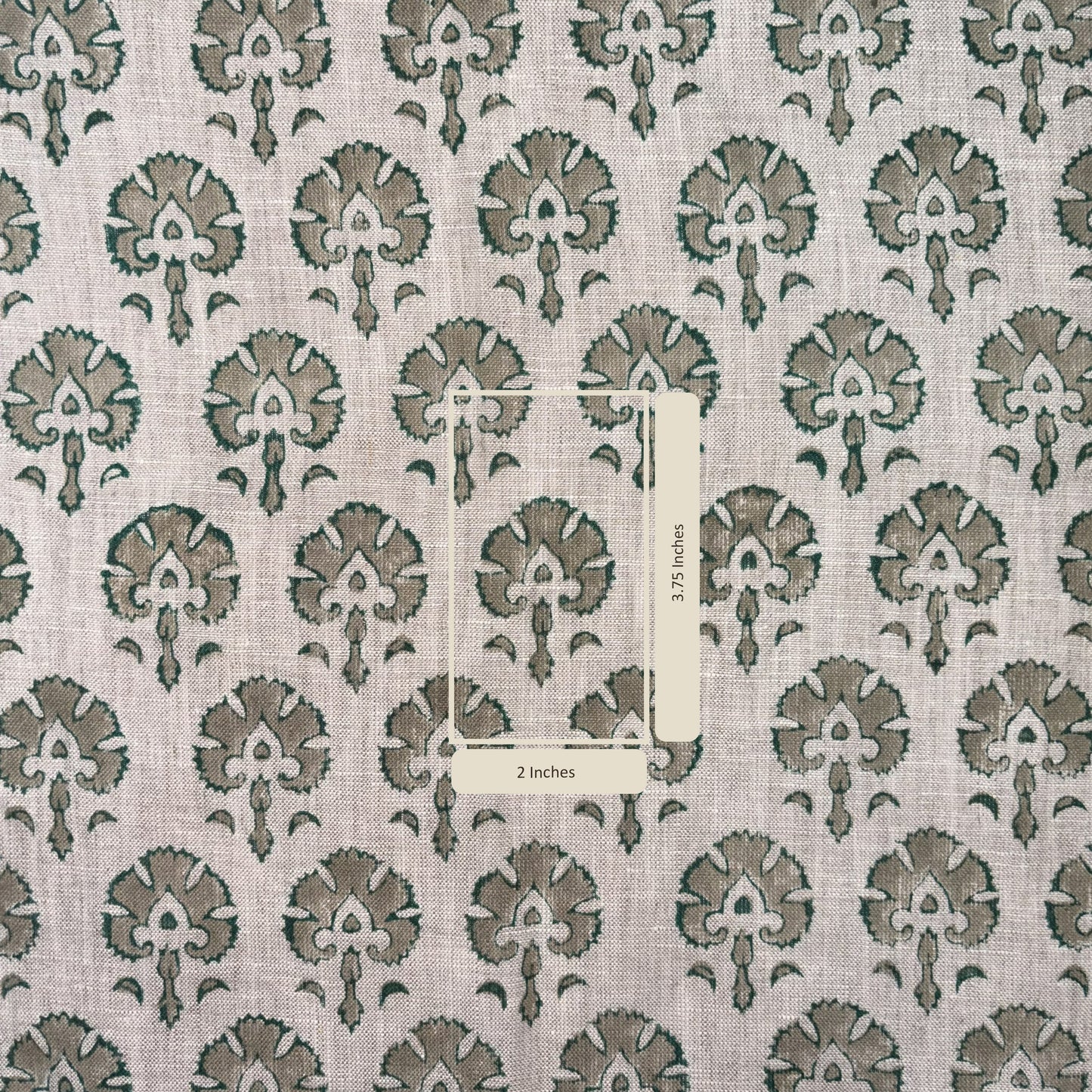 Fabric with a repeating pattern of green floral designs on a grey background