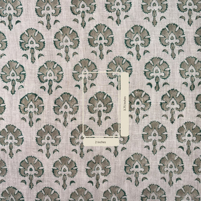 Fabric with a repeating pattern of green floral designs on a grey background
