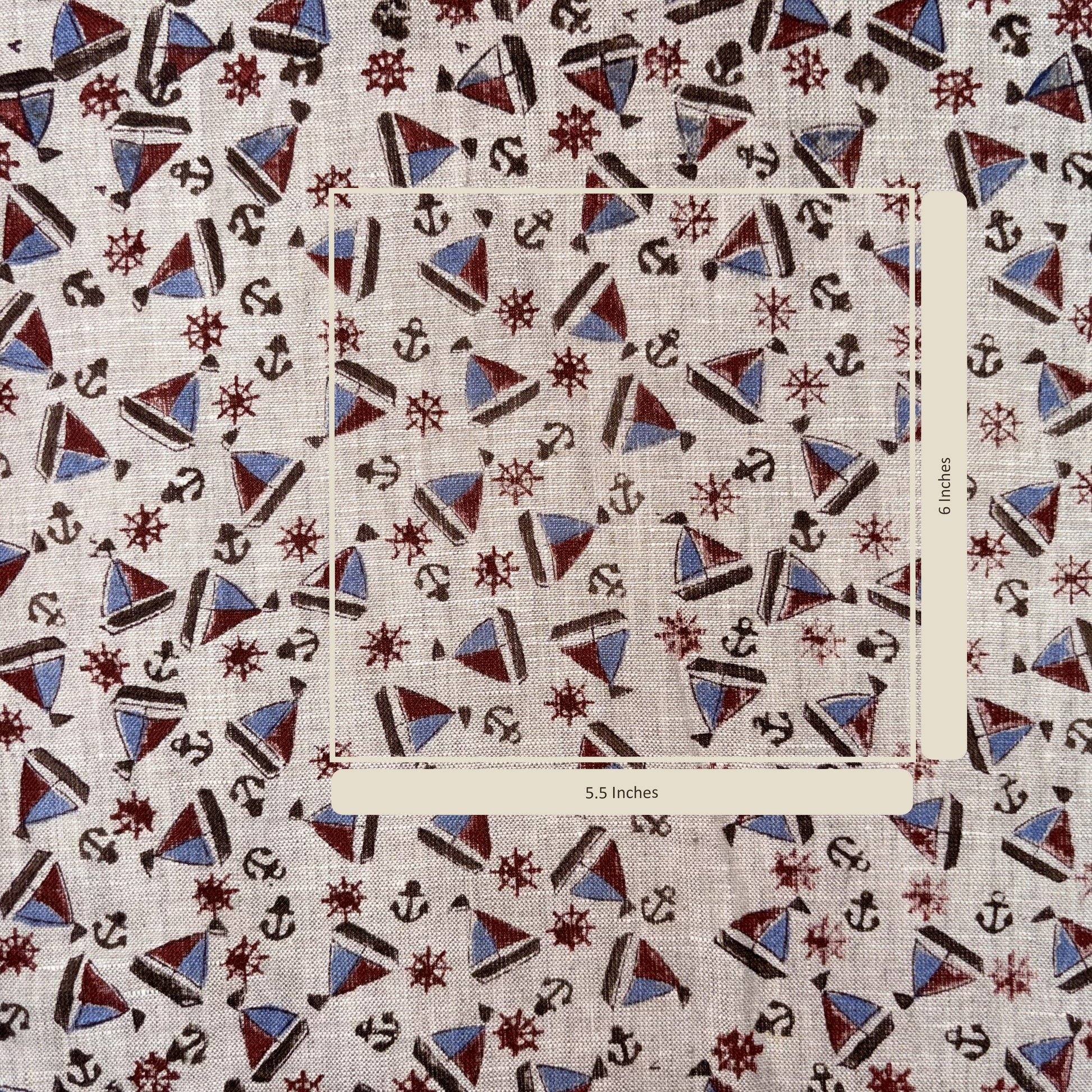 Nautical pattern fabric with anchors, stars, and triangles on a grey background