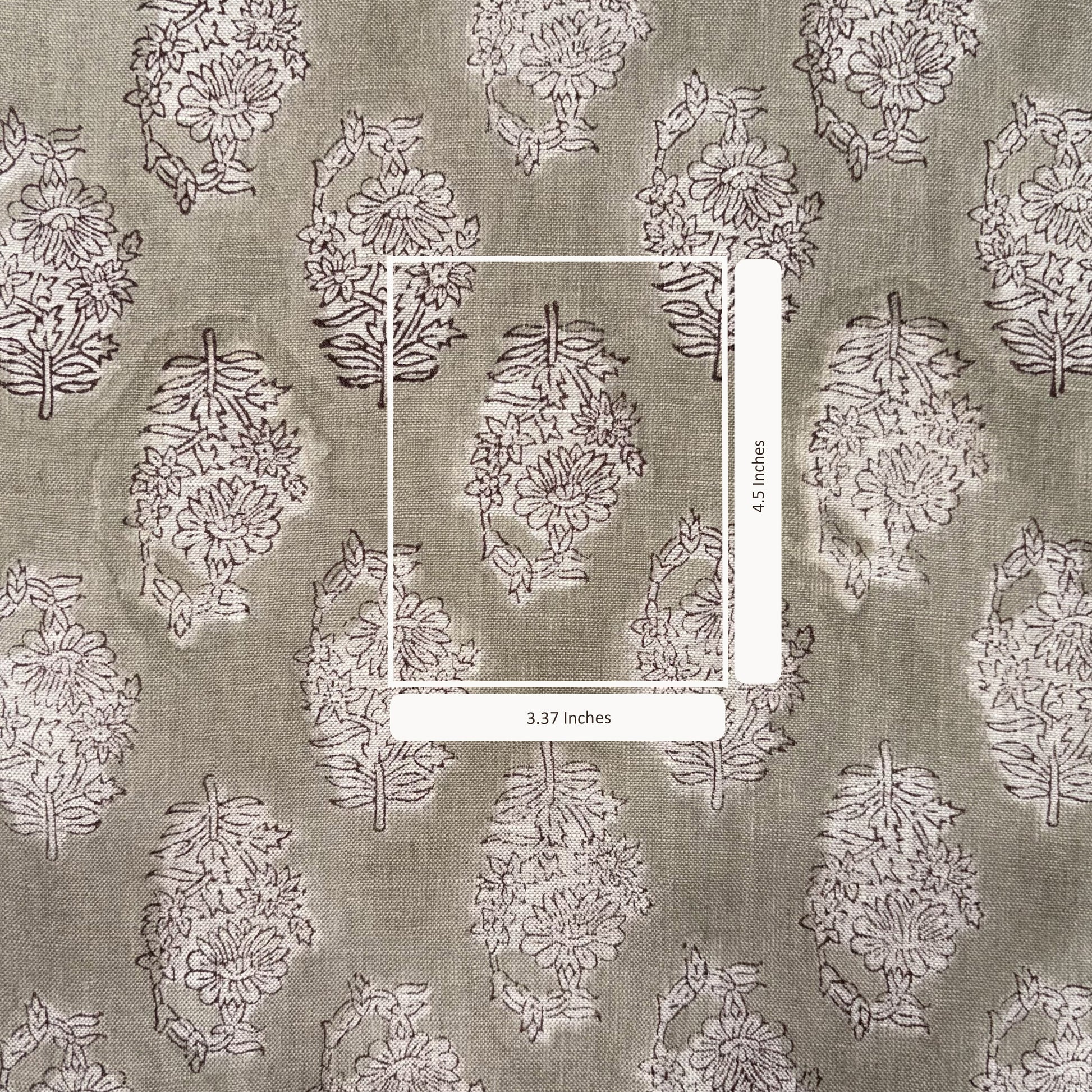 Floral patterned fabric with a scale bar indicating 3.37 inches.