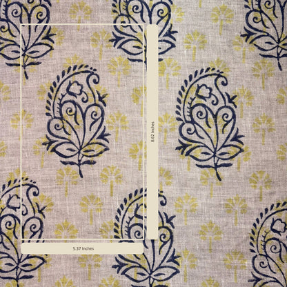 Patterned fabric with blue and yellow design on a grey background