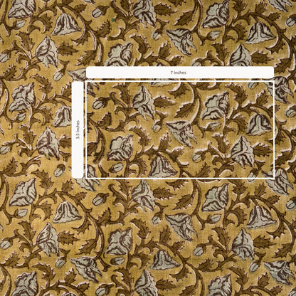 Patterned fabric with a measurement overlay on a yellow background
