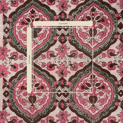 Patterned fabric with pink and brown design on a white background