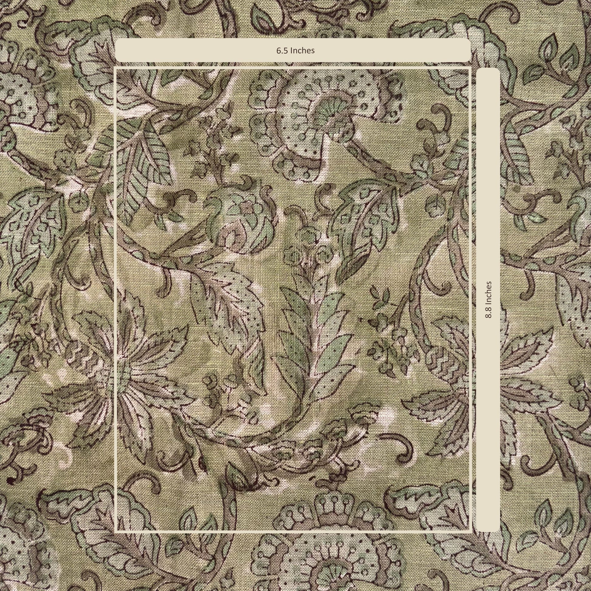 Patterned fabric with a measurement overlay on a grey background