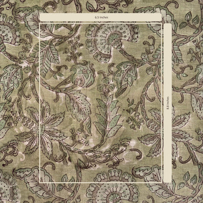 Patterned fabric with a measurement overlay on a grey background