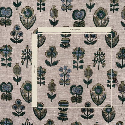 Fabric swatch with floral pattern and measurement scale
