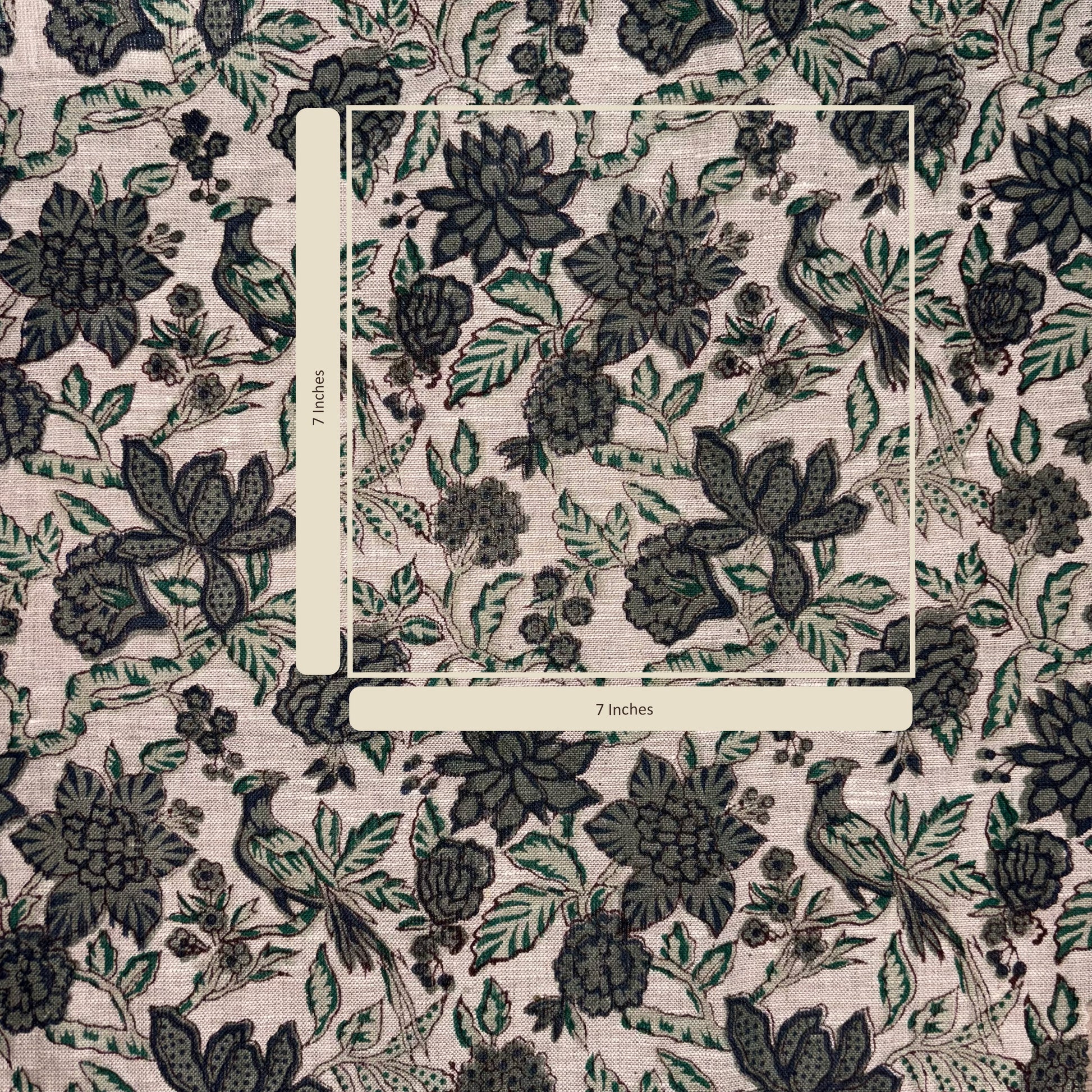 Floral and leaf pattern with measurement guide on a textured fabric background