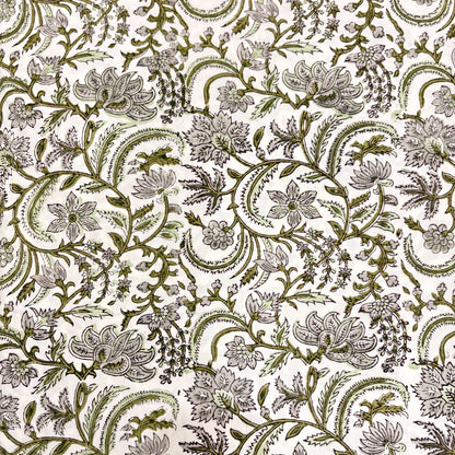 Floral and paisley patterned fabric in green on a white background