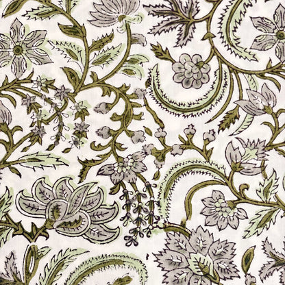 Close-up of a fabric with intricate paisley pattern in green on a white background