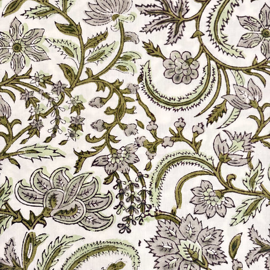 Close-up of a fabric with intricate paisley pattern in green on a white background