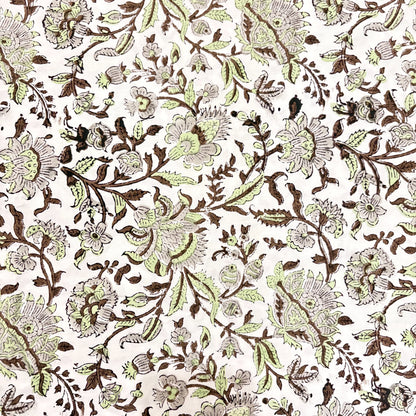 Close-up of a fabric pattern in green and brown on a white background