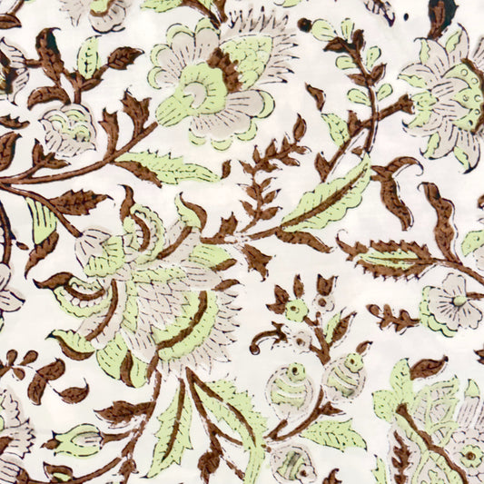 Close-up of a floral and leaf patterned fabric in green and brown on a white background