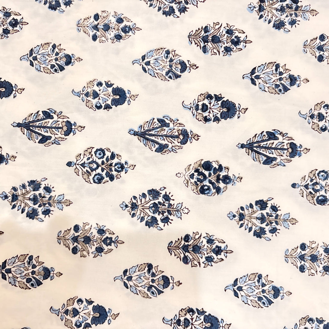 Floral patterned fabric in blue on a white background