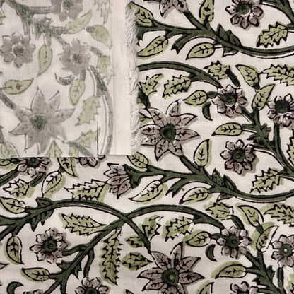 Close-up of a floral and leaf patterned fabric in green on a white background