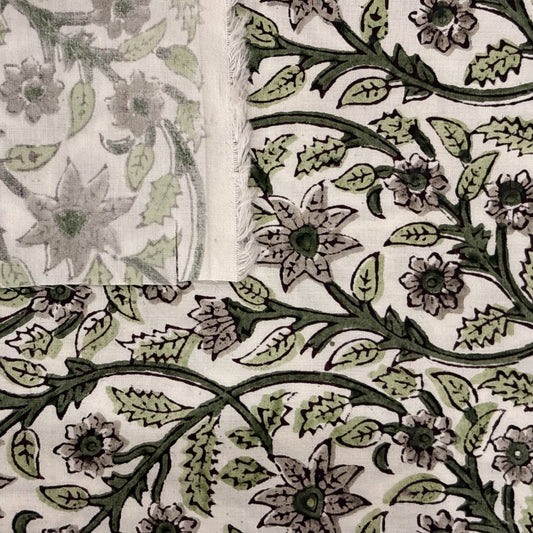 Close-up of a floral and leaf patterned fabric in green on a white background