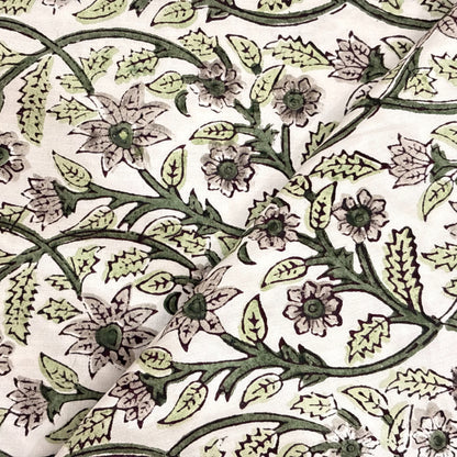 Close-up of a floral and leaf patterned fabric in green on a white background
